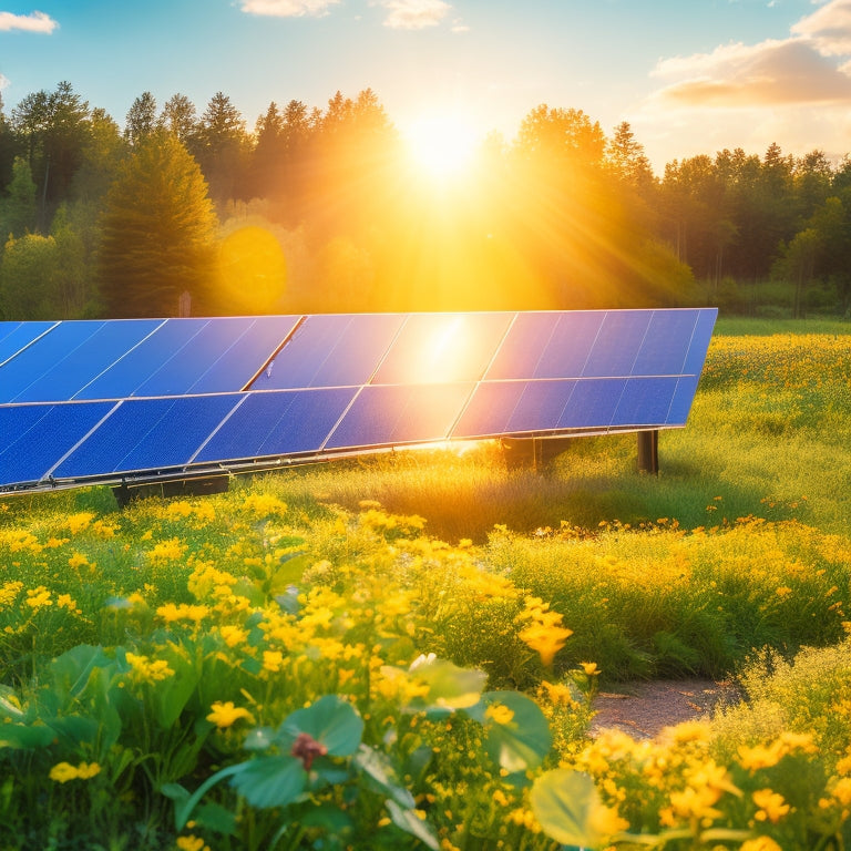 A serene landscape with solar panels gleaming under a bright sun, surrounded by lush greenery, colorful wildflowers, and a clear blue sky, showcasing eco-friendly tools and a person gently cleaning the panels.