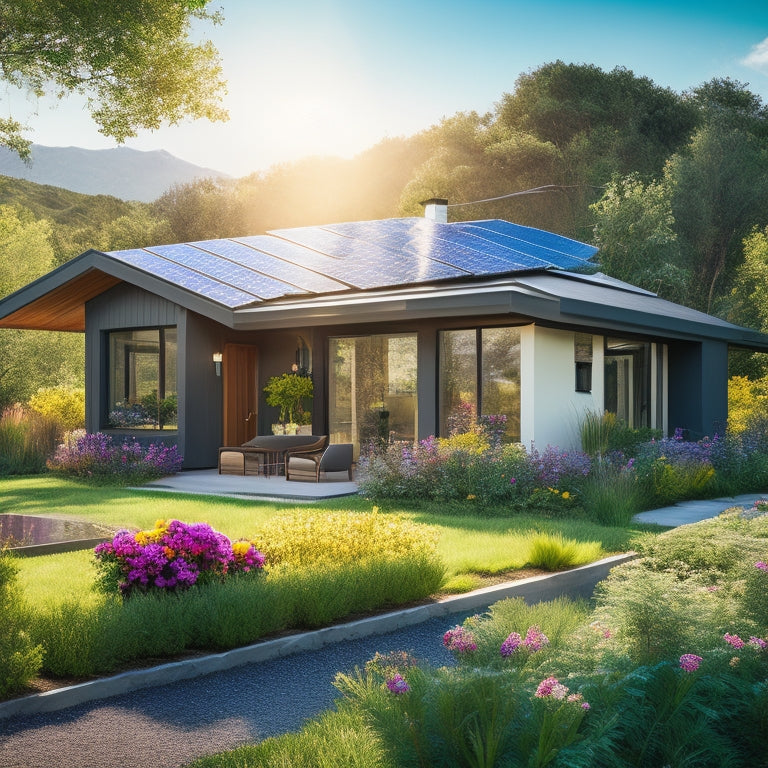 A sunlit eco-friendly home adorned with sleek solar panels, surrounded by lush greenery and vibrant flowers, with a clear blue sky above, showcasing energy efficiency and sustainability in harmony with nature.