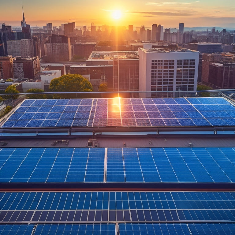 Aerial view of a commercial rooftop with a newly installed solar panel system, featuring rows of sleek, black panels stretching towards the horizon, amidst a bustling cityscape.