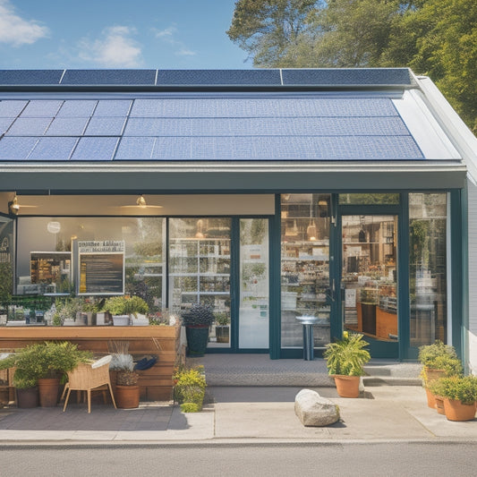 A vibrant small business storefront with solar panels on the roof, surrounded by lush greenery, sunlight glinting off the panels, and a busy street with happy customers and eco-friendly signage.