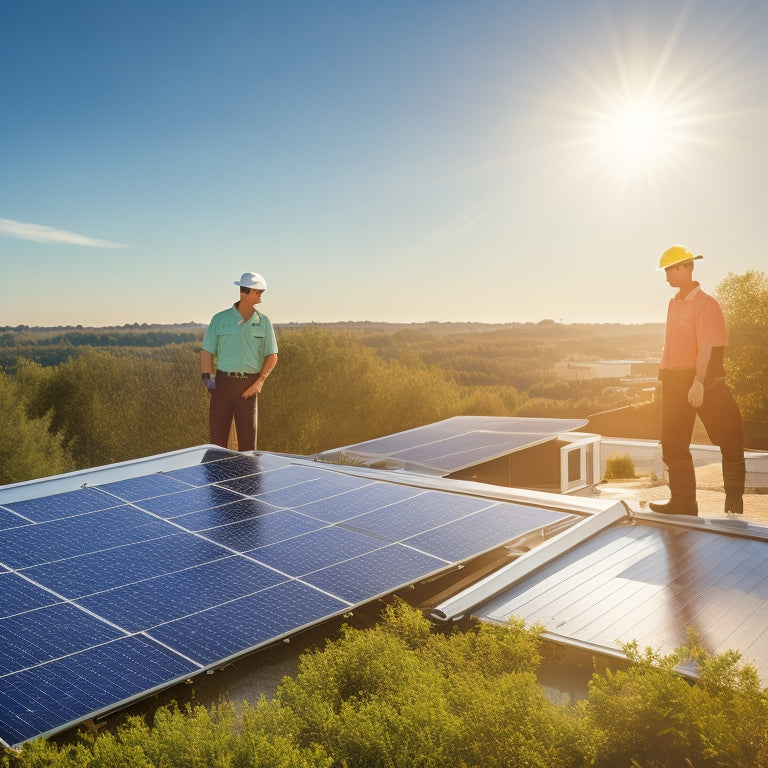 A sunlit rooftop with gleaming solar panels, a technician inspecting them with a toolkit, surrounded by greenery, a clear blue sky, and a distant view of solar farms, showcasing maintenance and care.