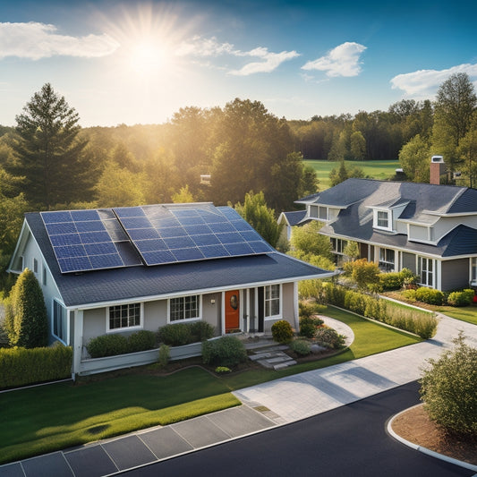 A serene suburban neighborhood with a mix of modern and traditional houses, one of which features a sleek, black solar panel array on its roof, surrounded by lush greenery and a bright blue sky.