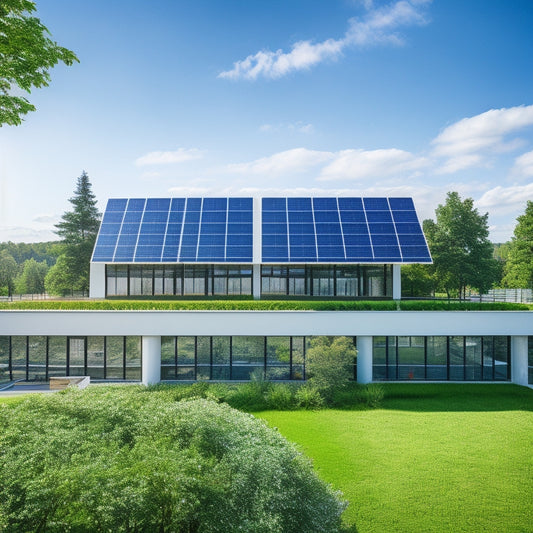 A modern office building with solar panels on the roof, surrounded by lush greenery, with a bright blue sky and a few fluffy white clouds, conveying a sense of eco-friendliness and sustainability.