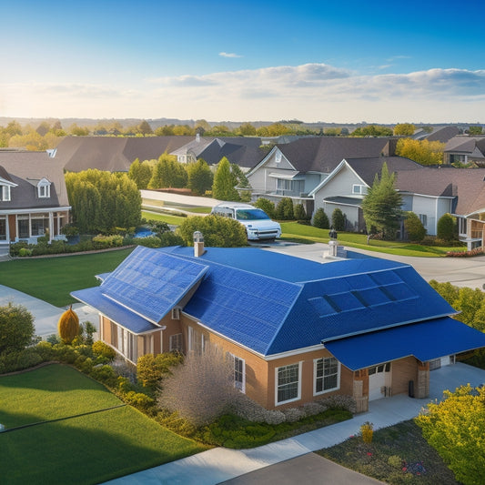 A serene suburban neighborhood with multiple homes and a commercial building, each adorned with sleek, black solar panels on their rooftops, set against a bright blue sky with puffy white clouds.