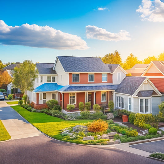 A serene residential neighborhood with a mix of modern and traditional homes, each adorned with sleek solar panels on rooftops, set against a bright blue sky with a few puffy white clouds.