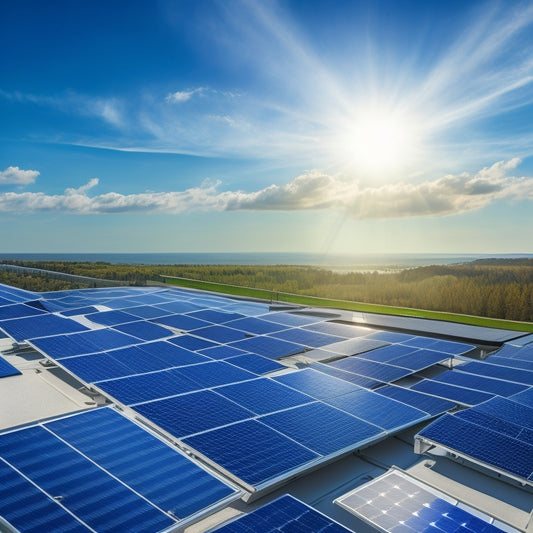 A photorealistic illustration of a modern rooftop with ten different solar panels, each with unique design and installation, set against a sunny blue sky with fluffy white clouds.