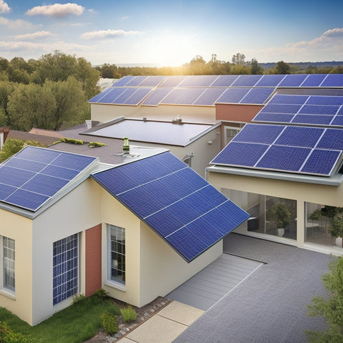 An illustration of a residential rooftop with various solar panel types installed, including monocrystalline, polycrystalline, and thin-film panels, each with distinct shapes, colors, and mounting systems.