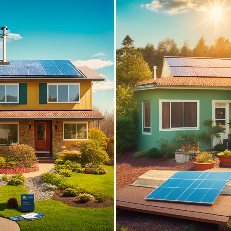 A split-screen image featuring a residential home with solar panels on the roof, juxtaposed with a cluttered and messy yard, a broken solar panel on the ground, and a wallet with a shrinking stack of money.