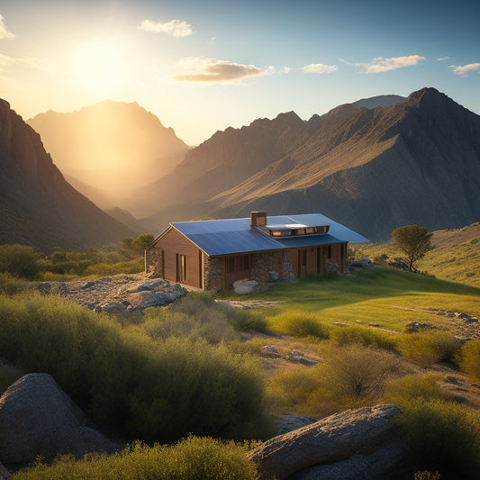 A serene remote landscape with solar panels glistening under the sun, surrounded by rugged mountains and lush greenery, showcasing a small off-grid home with solar infrastructure, and clear blue skies above.