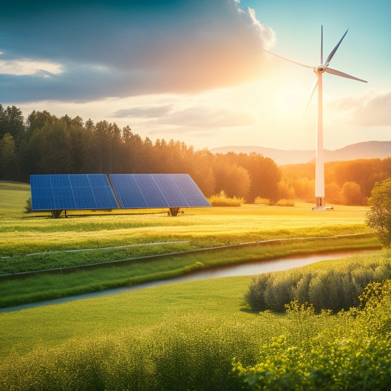 A serene landscape with a mix of solar panels and wind turbines in the background, surrounded by lush greenery and a few trees, with a subtle sun shining down.