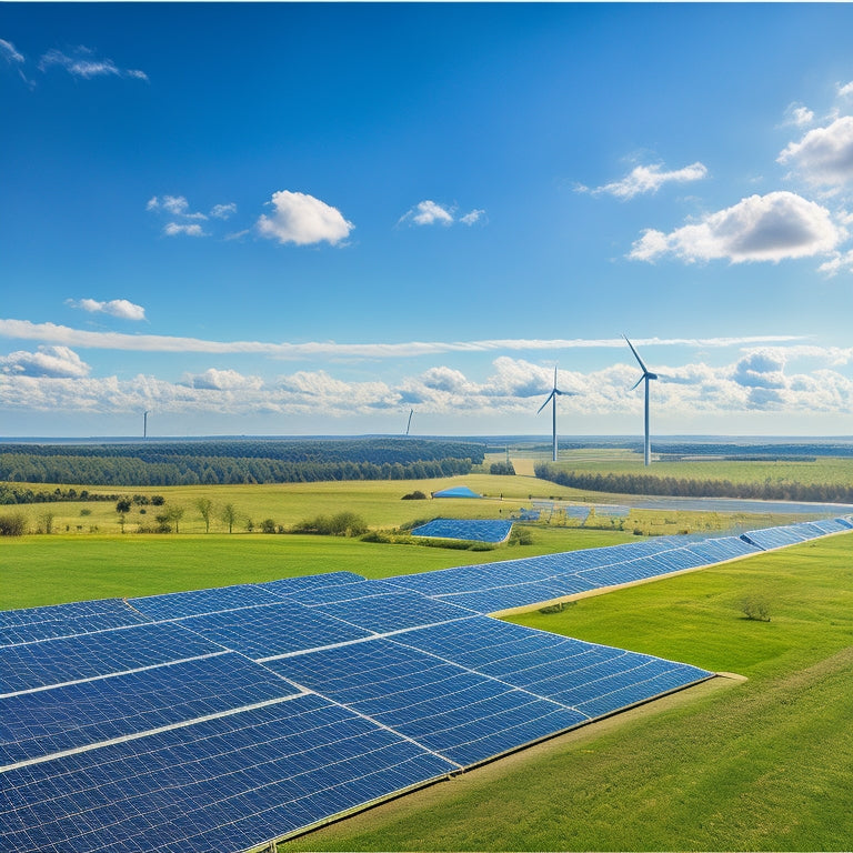 A serene landscape with a background of clear blue sky and fluffy white clouds, featuring a sprawling solar farm with rows of sleek, black panels, surrounded by lush greenery and a few wind turbines in the distance.