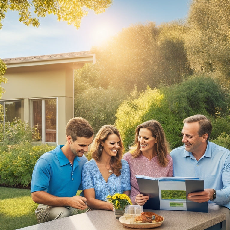 A sunlit suburban home adorned with sleek solar panels, surrounded by lush greenery. Nearby, a family examines financial documents, while a smiling advisor points to a colorful chart showcasing financing options, emphasizing a bright future.