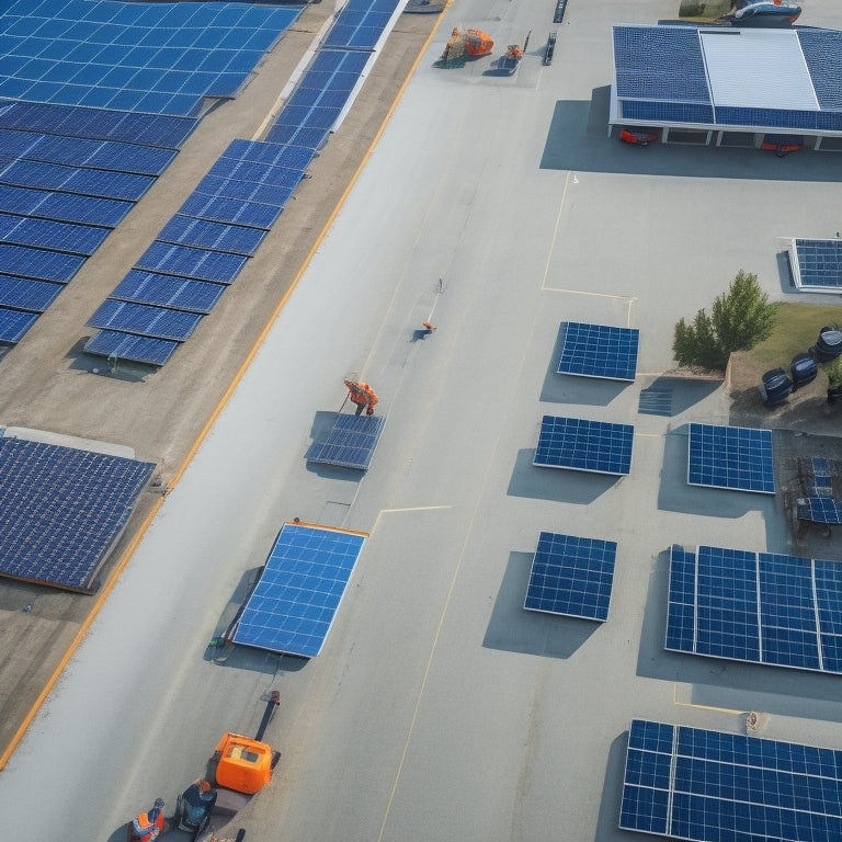 An aerial view of a modern commercial building with a section of the roof partially covered in sleek, black solar panels, with several technicians in bright orange vests and helmets installing more panels.