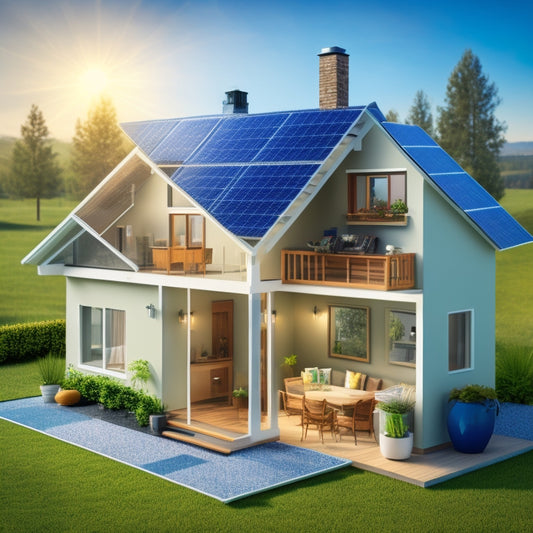 An illustration of a house with various visual elements: a roof with solar panels, a gauge measuring sunlight intensity, a window with a thermometer, a floor with a scale model of a family, and a meter displaying energy consumption.