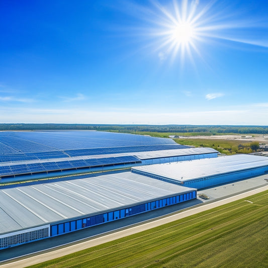 Aerial view of a large, industrial warehouse with a sleek, modern solar panel array covering the entire rooftop, surrounded by a clear blue sky with a few puffy white clouds.