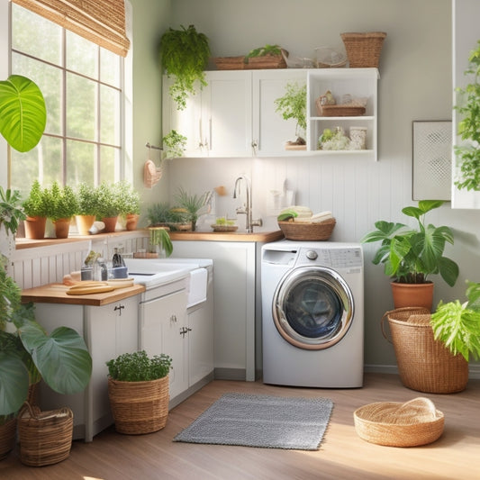 A serene laundry room featuring sleek, energy-efficient appliances made from recycled materials, surrounded by potted plants, natural light streaming in, and a basket of eco-friendly detergents on a wooden countertop.