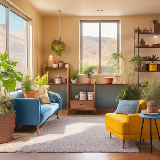 A cozy, sunlit room featuring upcycled furniture, indoor plants, energy-efficient LED bulbs, a rainwater collection system in the corner, and colorful reusable storage bins, all harmonizing in a minimalist, eco-friendly design.