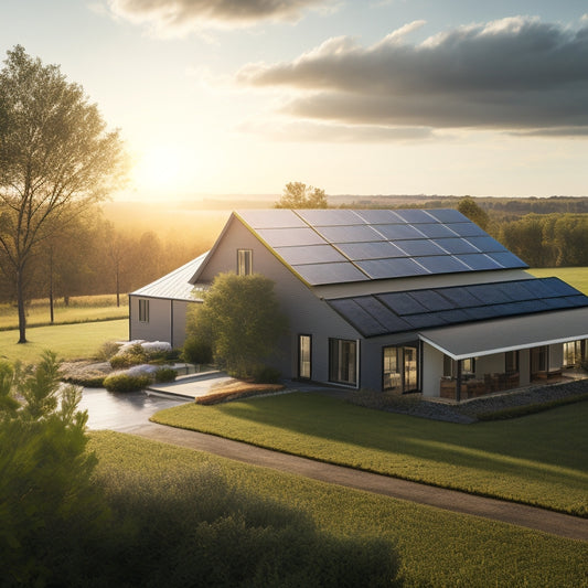 A serene landscape with a modern farmhouse in the distance, surrounded by lush greenery, featuring a sleek, black solar panel array on the rooftop, angled towards the warm sun.