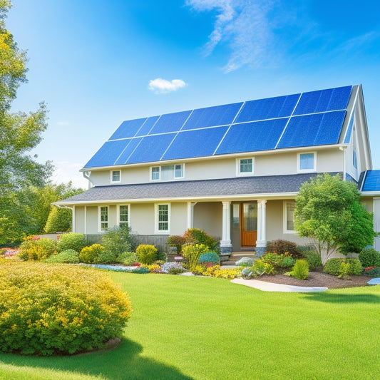 A serene suburban home with a mix of solar panels and traditional roofing, surrounded by lush greenery and a bright blue sky with a few white, puffy clouds.