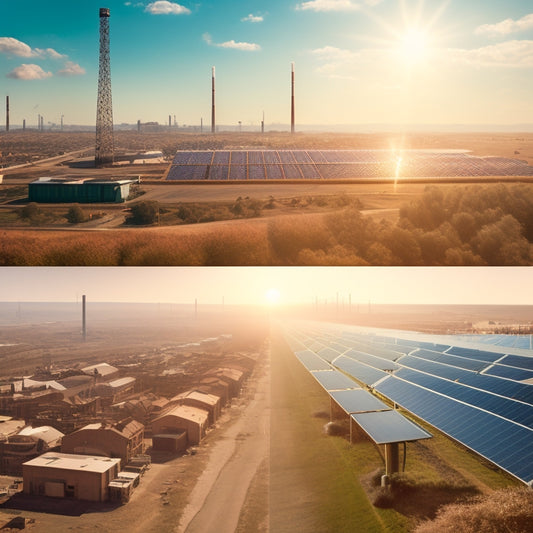 A split-screen image: a sun-drenched landscape with solar panels and a windmill in the background, contrasting with a polluted cityscape with smokestacks and factories in the foreground.