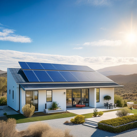 A serene California landscape with a modern home featuring a sleek, black solar panel array on its rooftop, set against a bright blue sky with a few wispy clouds.