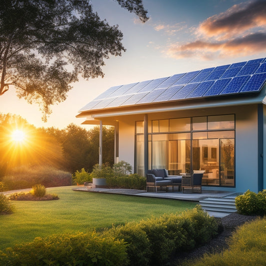 A vibrant sun rising over a modern home equipped with sleek solar panels, surrounded by lush greenery and a blue sky, illustrating energy independence and sustainable living through advanced solar technology.
