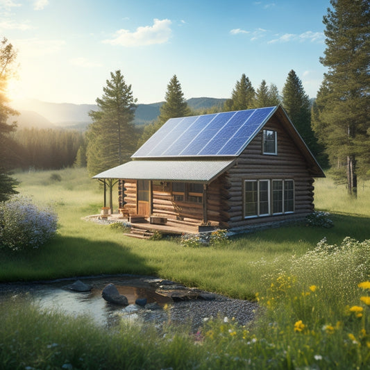 A serene landscape featuring a modern off-grid solar panel system on a rustic cabin roof, surrounded by lush greenery and wildflowers, with a clear blue sky and gentle sunlight illuminating the scene.