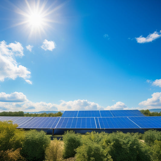 A bright blue sky with fluffy white clouds, a modern rooftop with 10 sleek solar panels in a staggered formation, each with a slight shine and subtle shadowing, surrounded by lush greenery.