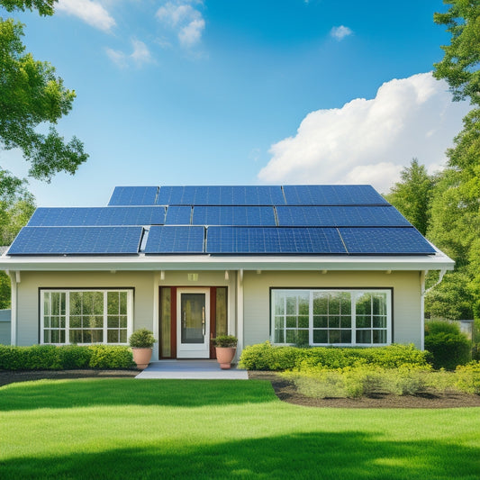 A serene suburban home with sleek, black rooftop solar panels, surrounded by lush green trees, against a bright blue sky with a few white, puffy clouds, and a subtle electricity meter in the foreground.