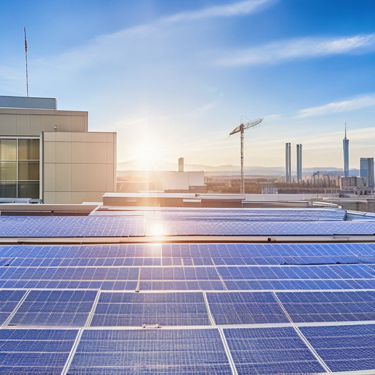 A vibrant, sunlit rooftop with multiple sleek, high-efficiency solar panels, surrounded by a clear blue sky. A close-up of the solar cells capturing sunlight, with modern buildings in the background.