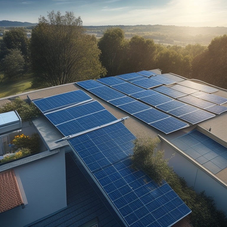 An illustration of a residential rooftop with installed solar panels, with a subtle grid pattern in the background, and a faint image of a wallet or piggy bank in the corner, surrounded by faint calculator icons.