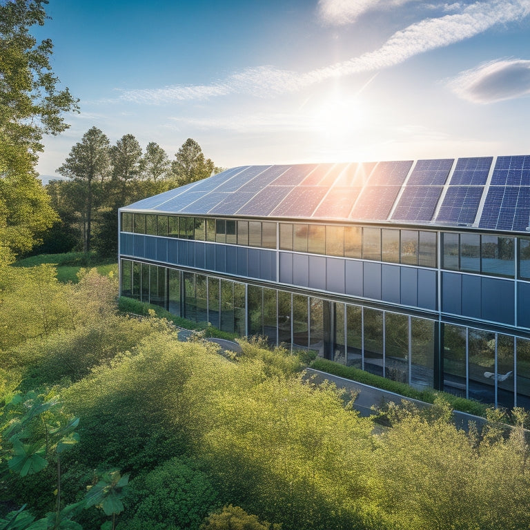 A modern building adorned with large, sleek, energy-efficient windows reflecting sunlight, surrounded by lush greenery, showcasing solar panels on the roof, and a serene blue sky in the background, emphasizing sustainability.