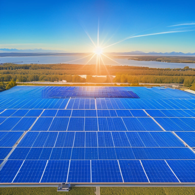 An aerial view of a rooftop with high-efficiency solar panels arranged in an optimized pattern, with angled rows and strategically placed inverters, surrounded by a serene blue sky and fluffy white clouds.