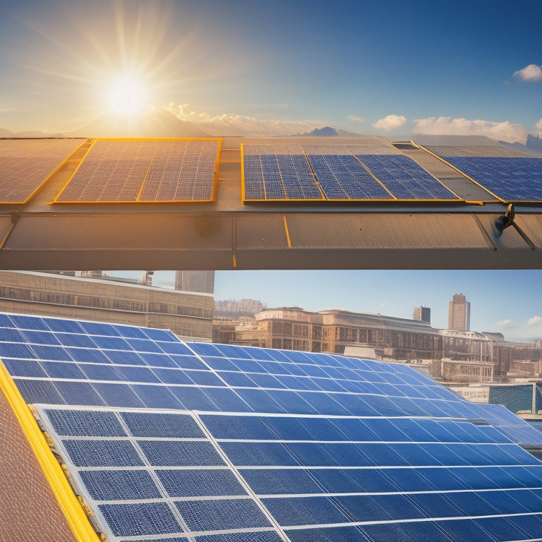 A split-screen image featuring a rooftop with solar panels on one side and a grid of various price tags and currency symbols on the other, with a subtle gradient of sunny yellow to blue hues.