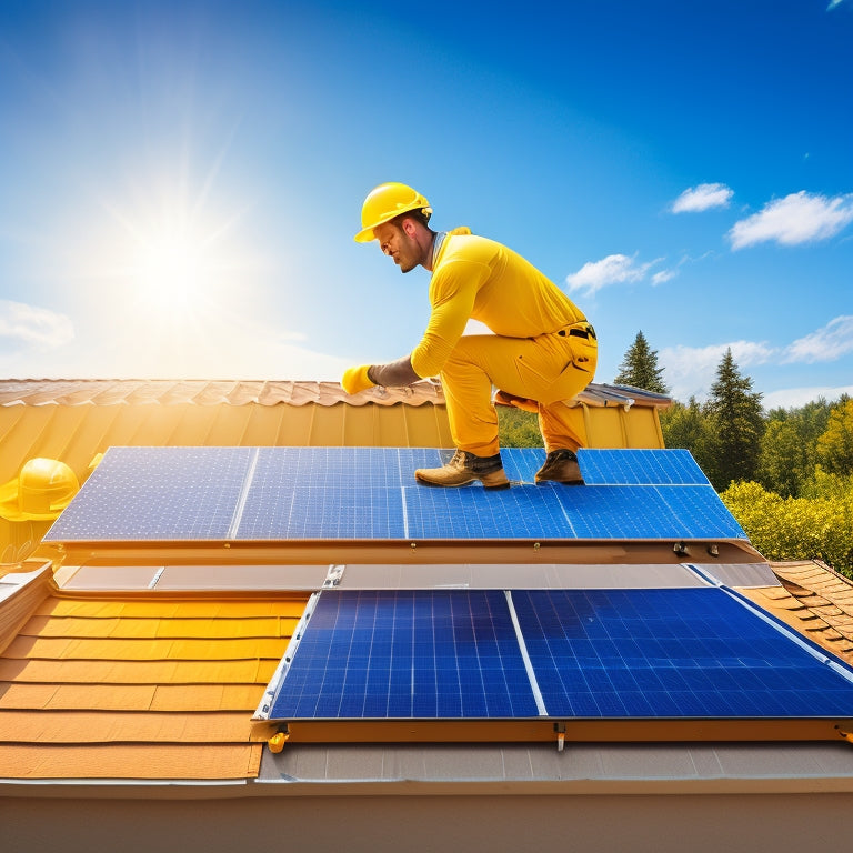 A sunny backyard with a person in a yellow hard hat and gloves, holding a solar panel, standing on a ladder leaned against a roof, with roofing tools and a partially installed solar array in the background.