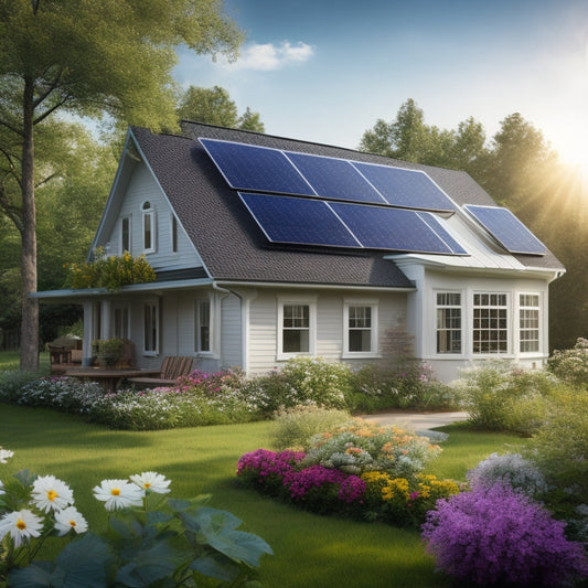 A serene suburban home with solar panels installed on the roof, surrounded by blooming flowers and lush greenery, with a subtle sun shining down, and a faint grid of calculations in the background.