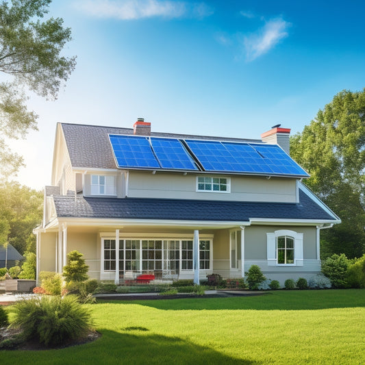 A serene suburban home with solar panels on its roof, surrounded by lush greenery, with a bright blue sky and fluffy white clouds, and a subtle meter displaying a decreasing electricity bill in the foreground.