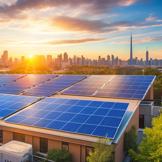 A vibrant solar panel installation on a commercial rooftop, with sunlight glinting off the panels, surrounded by lush greenery and a bustling city skyline, symbolizing sustainable energy independence for businesses.