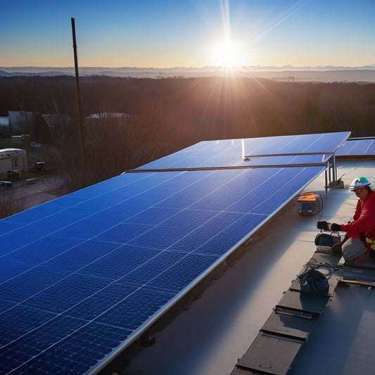 A time-lapse scene showcasing a solar panel installation: technicians on a rooftop, tools scattered, panels being hoisted, sunlight casting dynamic shadows, a progression from empty roof to fully installed solar array.