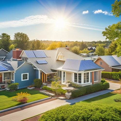 A serene suburban neighborhood scene with a mix of traditional and modern homes, several featuring solar panels on rooftops, amidst lush greenery and a vibrant blue sky with a few wispy clouds.