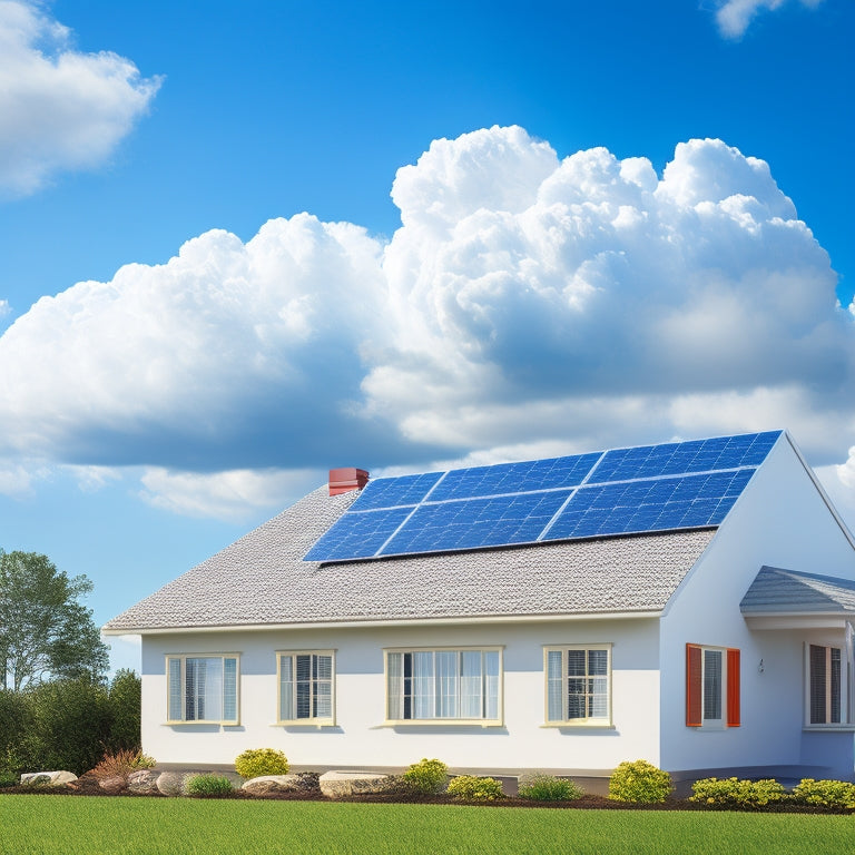 A bright blue sky with fluffy white clouds, a modern house with solar panels installed on the roof, and a few dollars and coins scattered around the roof's edge, symbolizing savings.