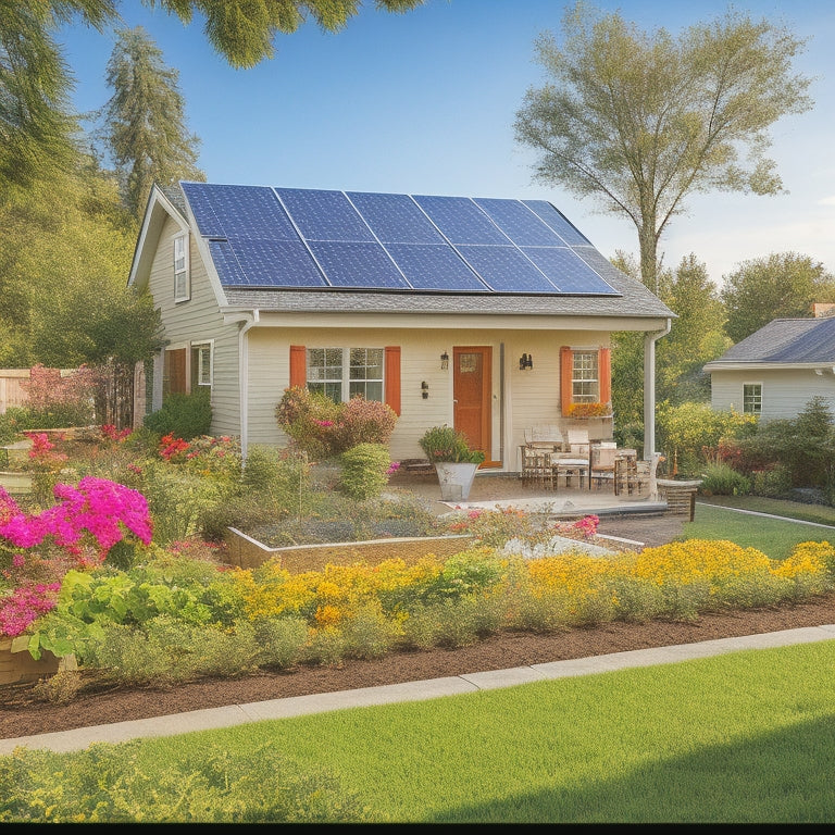 A sunny suburban home with solar panels on the roof, a small wind turbine in the yard, and a thriving vegetable garden. Vibrant greenery surrounds the property, showcasing sustainability and eco-friendly living.