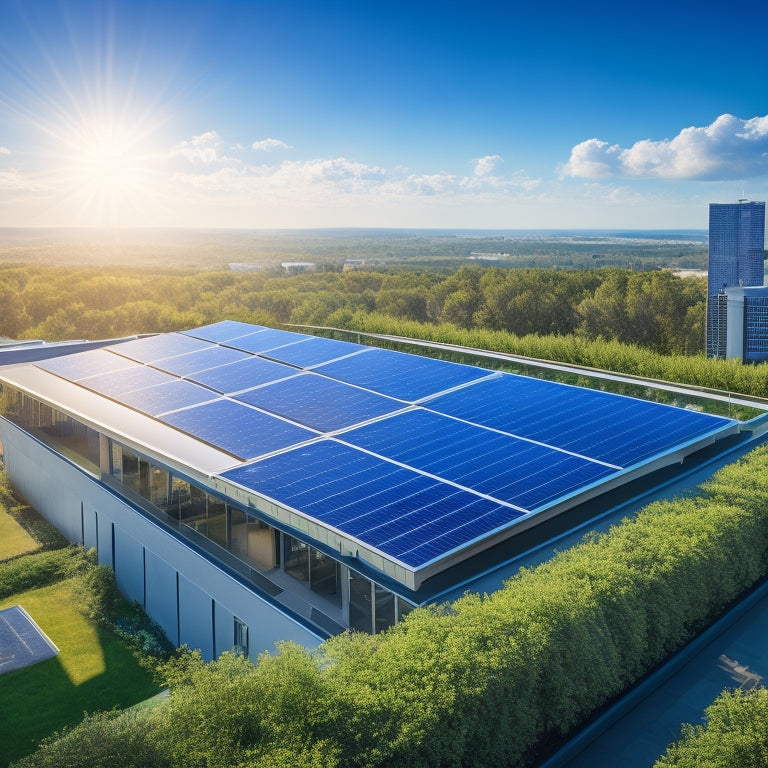 A sleek, modern office rooftop with an array of solar panels glistening under a bright blue sky, surrounded by lush greenery; futuristic, eco-friendly buildings in the background reflecting sustainable energy solutions.