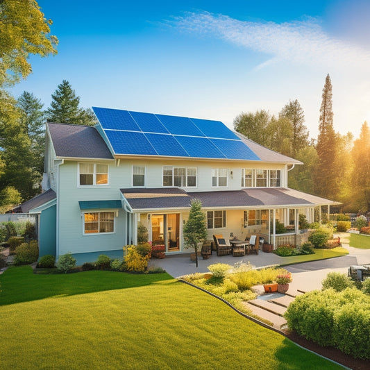 A serene suburban home with a mix of sunny and shaded areas, featuring a rooftop with various solar panel configurations and a backyard with different types of inverters and mounting systems.