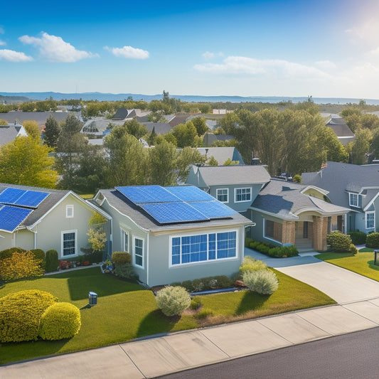 A serene suburban neighborhood with various residential rooftops, each featuring a unique solar panel design, showcasing different sizes, shapes, and installation styles amidst a bright blue sky with fluffy white clouds.
