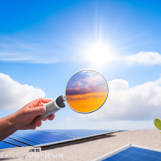 A bright blue sky with fluffy white clouds, a rooftop with a few solar panels installed, and a magnifying glass hovering above, revealing a price tag with a red "true price" stamp.