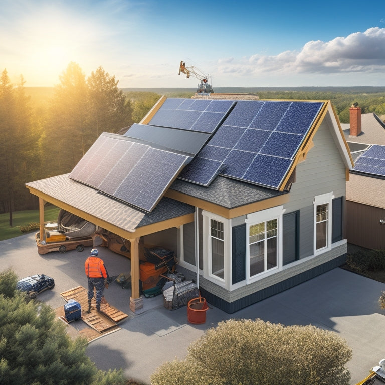 An illustration of a residential roof replacement in progress, with a contractor measuring the roof, a pile of new solar panels and shingles nearby, and a crane lifting a panel into place.