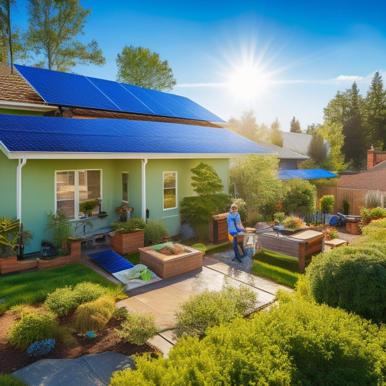 A sunlit backyard with a homeowner installing solar panels on a sloped roof, surrounded by tools, a ladder, and a bright blue sky. Green trees and a small garden complete the eco-friendly scene.