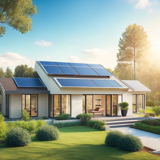 A serene suburban home with a sleek, modern roof, partially covered in a mix of rectangular and triangular solar panels in various sizes, amidst lush greenery and a clear blue sky.