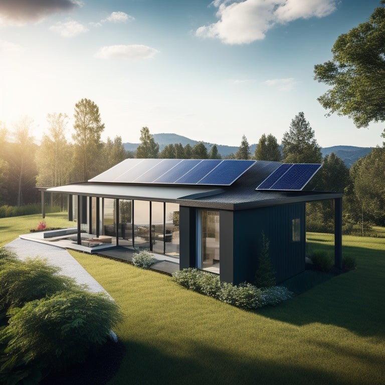 A serene landscape with a row of sleek, black solar panels installed on a modern, eco-friendly home's rooftop, surrounded by lush green trees and a bright blue sky with a few wispy clouds.